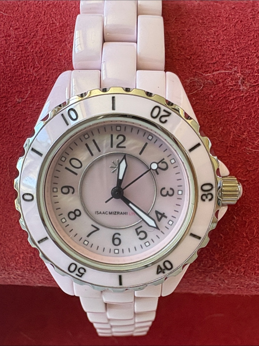 Isaac Mizrahi Pale Pink Ceramic Link Watch with Silver Accents